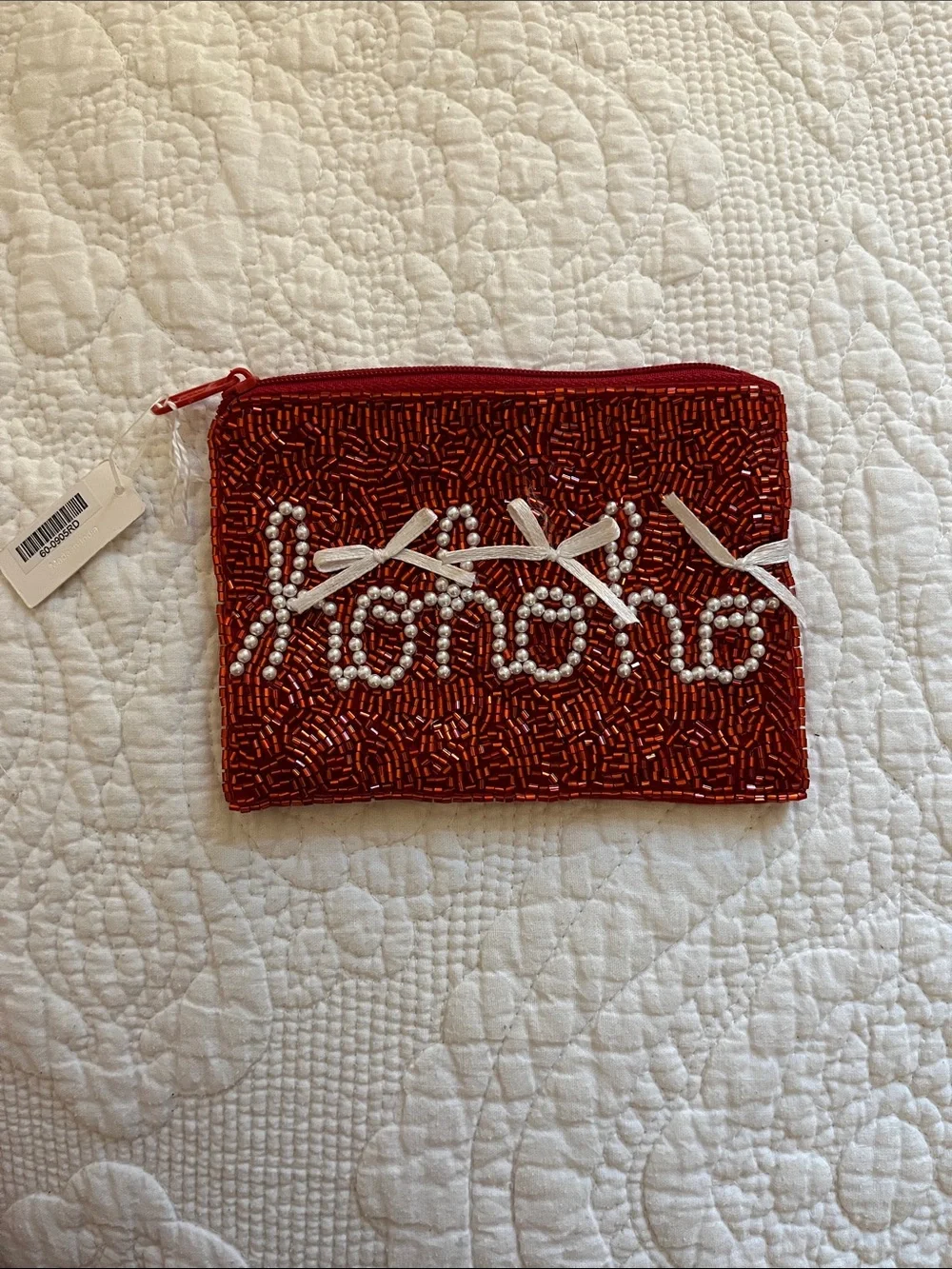 Viola Beaded Red Christmas “Hohoho” Wristlet Pouch with Pearl Accent: Super Cute